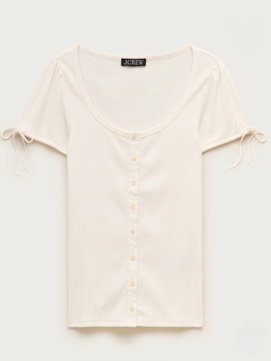 J. Crew Tops - J. Crew Perfect Ribbed Button-Front Scoop Neck Top with Satin Trim, Ivory